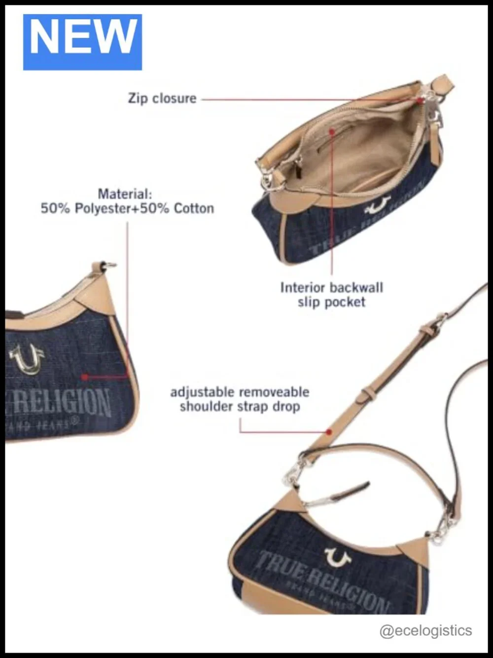 True Religion Logo Mini Shoulder Bag with Detachable Strap, Premium Denim and PU